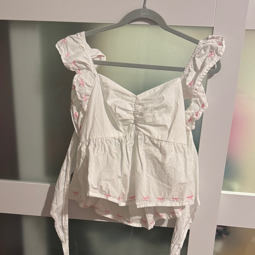 White and Pink Bow Ruffle Sleeve Top
